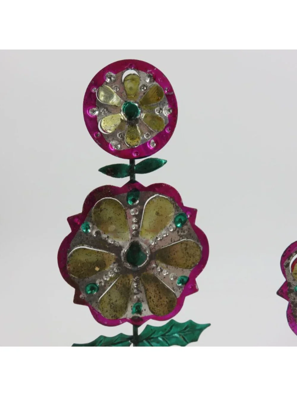 VTG Punch Tin Folk Art Pair 2 Candle Holders Pink Yellow Green Retro Christmas